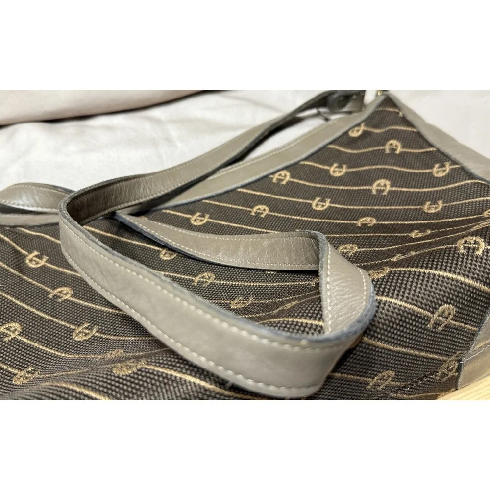 Etienne Aigner Vintage Classic Brown Fabric, Leather Trim Signature Shoulder Bag